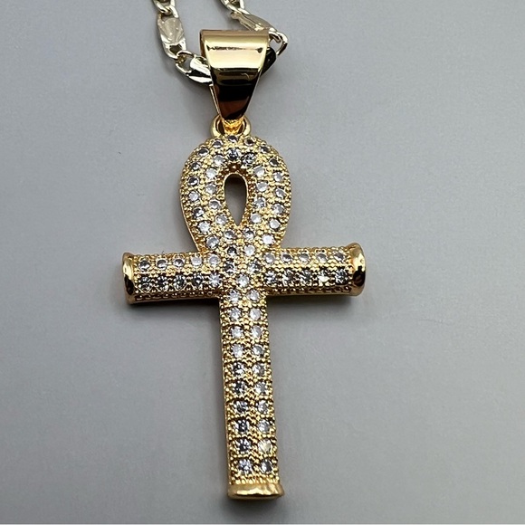 New Ankh Gold Tone CZ Iced Pendant Necklace with 22” Chain - Picture 7 of 8
